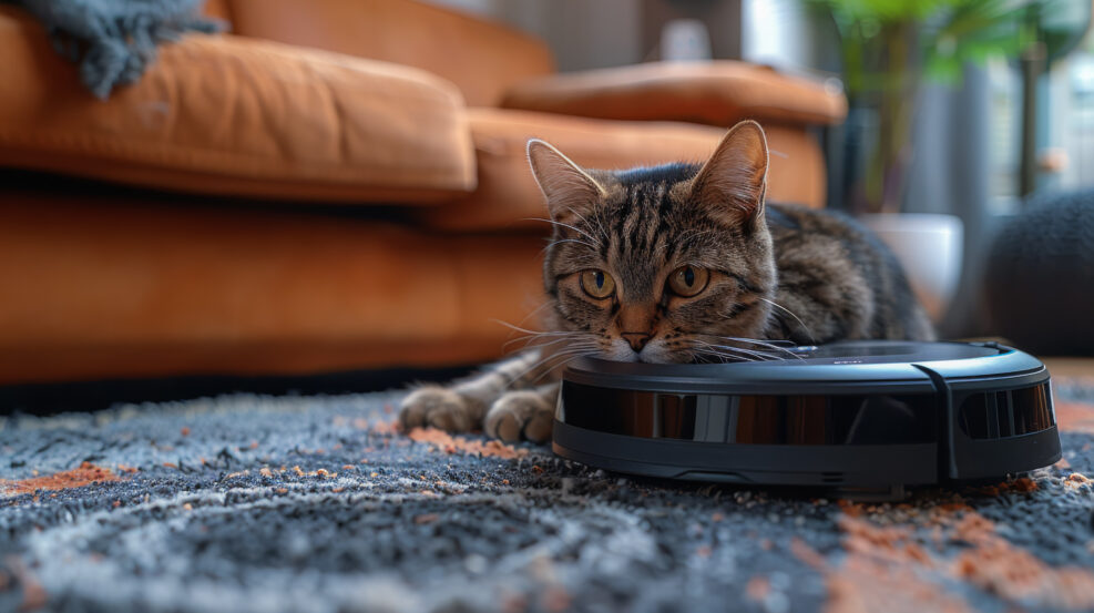 Cat on a robotic vacuum cleaner