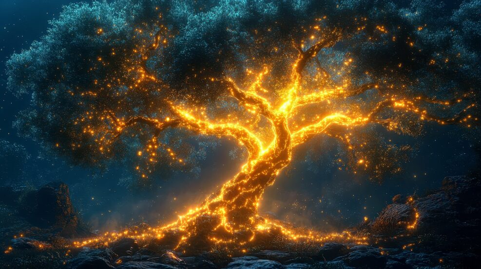 Chrono-Luminescence: Futuristic Light Tree Illustrating Divergent Timelines in Digital Forest