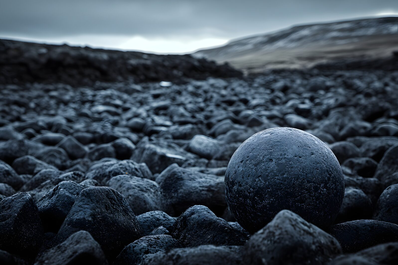 Dark sphere rests on volcanic rocks, Iceland landscape