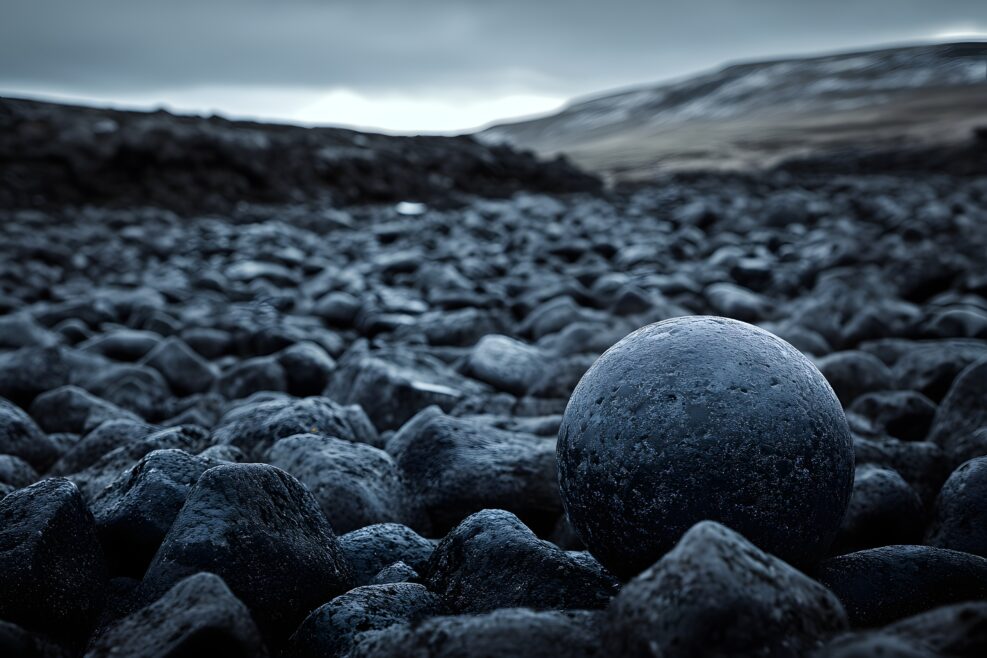Dark sphere rests on volcanic rocks, Iceland landscape