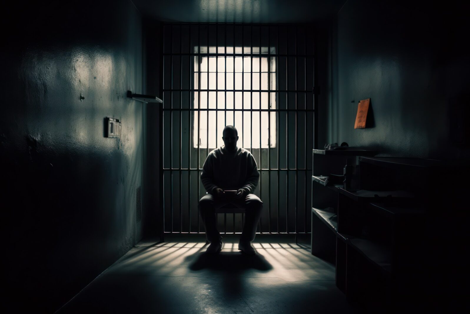 Hacker in prison cell. Selective focus. AI generated, human enhanced