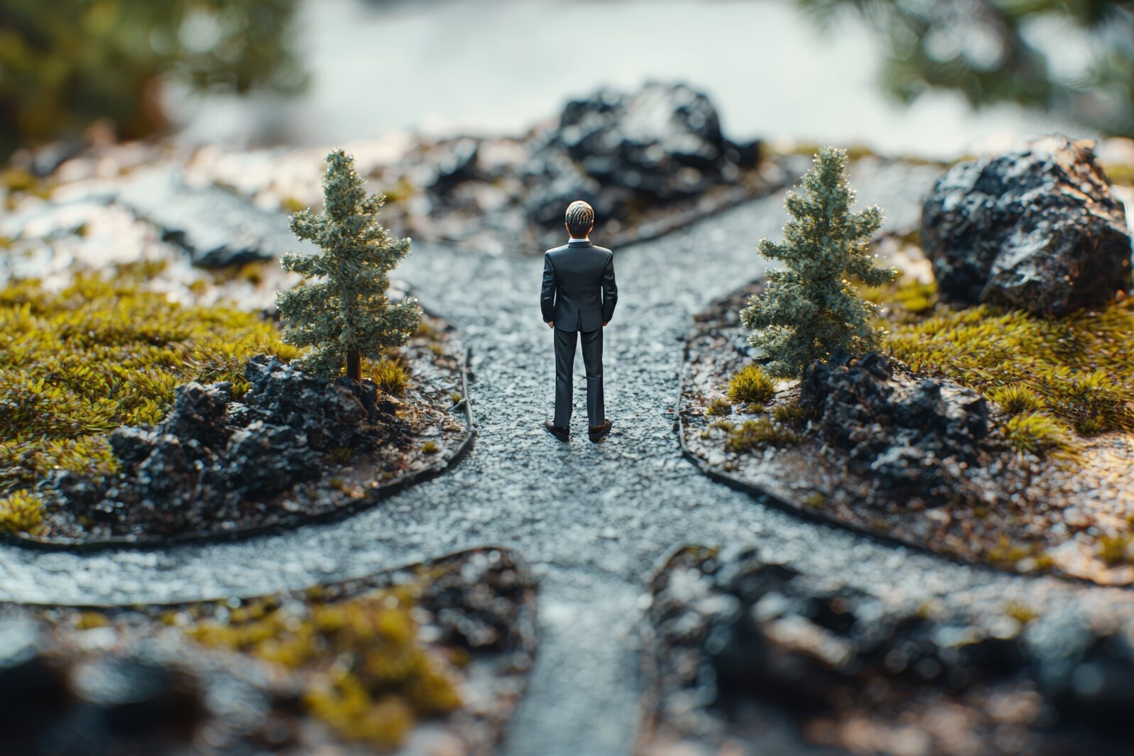 Realistic figure standing at a fork in the road, surrounded by an incredible amount of detail, representing the concept of free will in a realistic setting