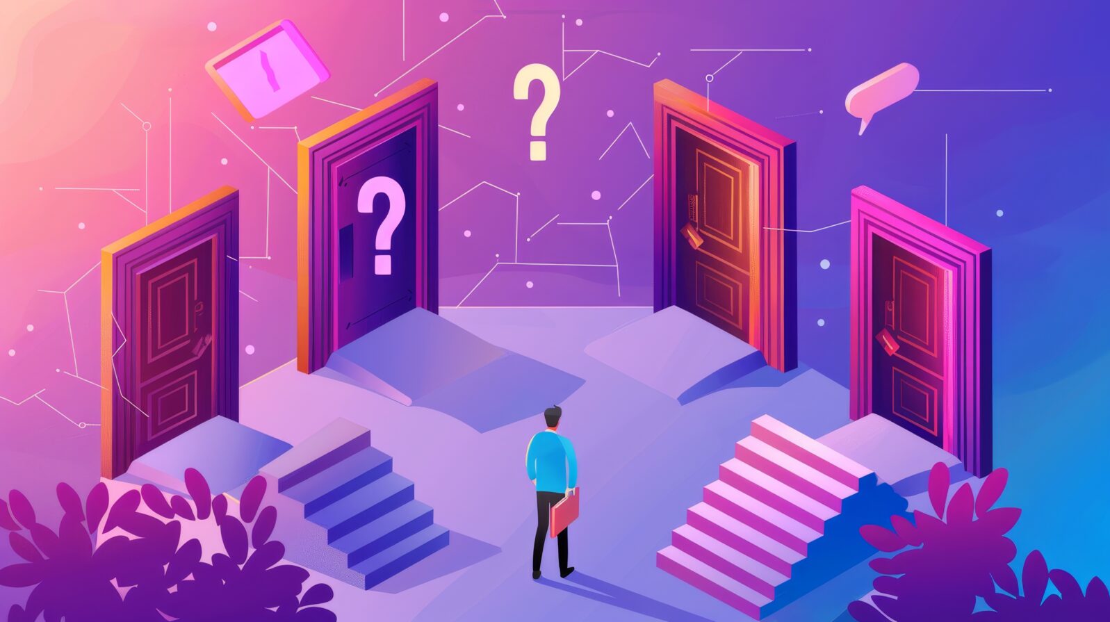 Statistical illusion in TV game. Isometric illustration of undecided businessman on stairs with open doors. Modern landing page of making decision.