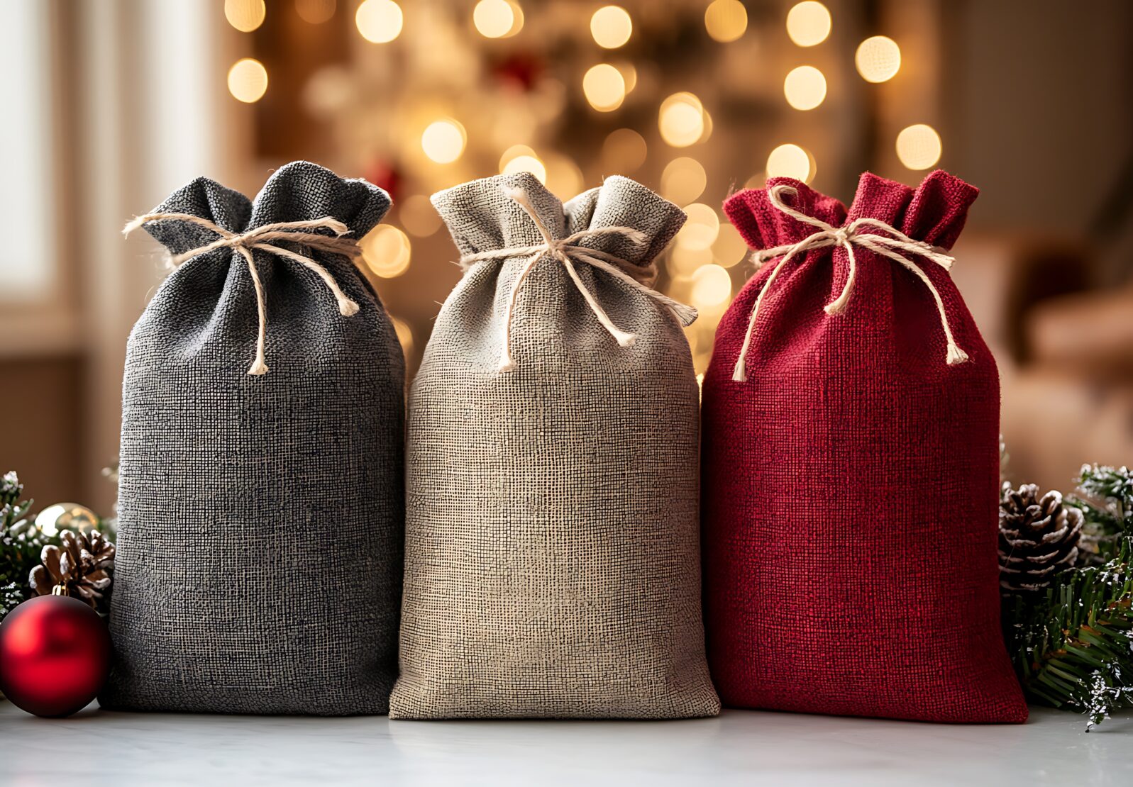 Three fabric gift bags in gray, beige, and red, sitting on a marble surface against a bokeh background of Christmas lights.