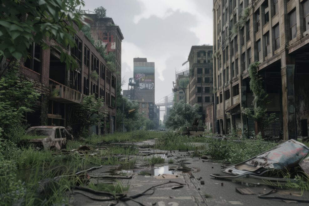 A post-apocalyptic cityscape devoid of life, with crumbling buildings, overgrown vegetation, and the remnants of civilization scattered throughout the desolate landscape, Generative AI