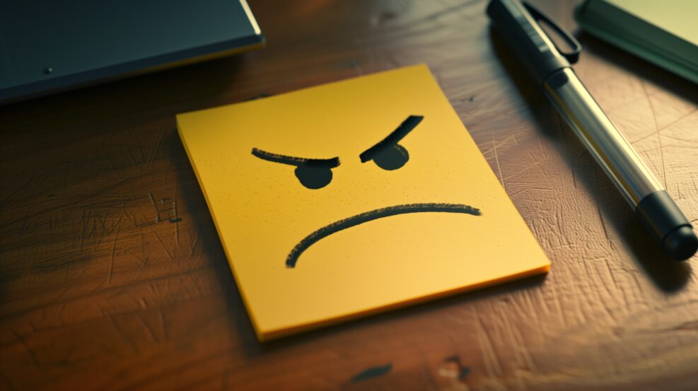 a sticky note with an angry face drawn on it by a disgruntled employee