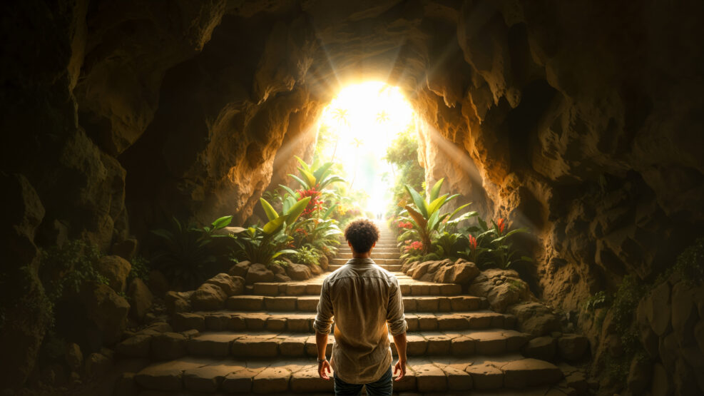 Cave entrance with sunlit stone steps, man ascending stairs towards bright light at end of tunnel. Symbolizing afterlife, near-death experience, inspiration, or hope beyond darkness.