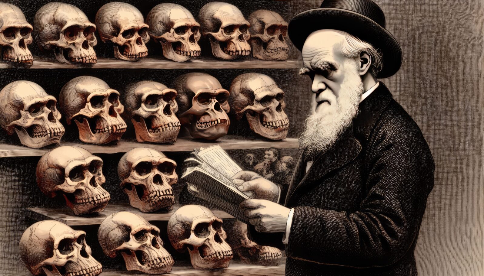 Charles Darwin observing Ape skulls