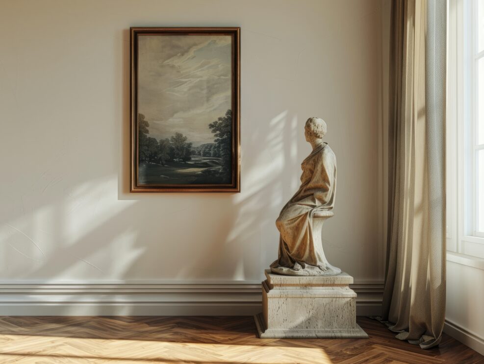 Classical Sculpture Displayed in Art Gallery - Elegant Frame Backdrop Perspective