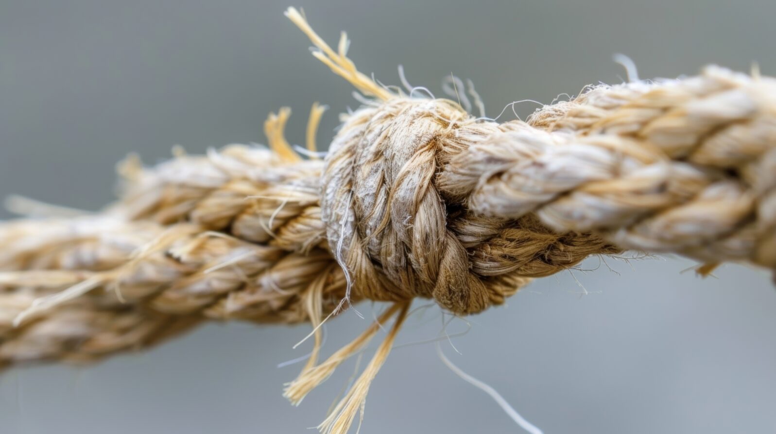 Closeup view of a frayed end of a braided rope showcasing the frizzy and tangled fibers