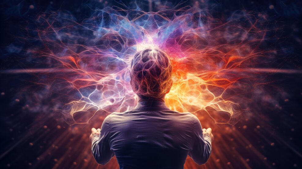 Energy of Thought. Human head emitting abstract fractal structure to illustrate working of human mind, Generative AI illustration