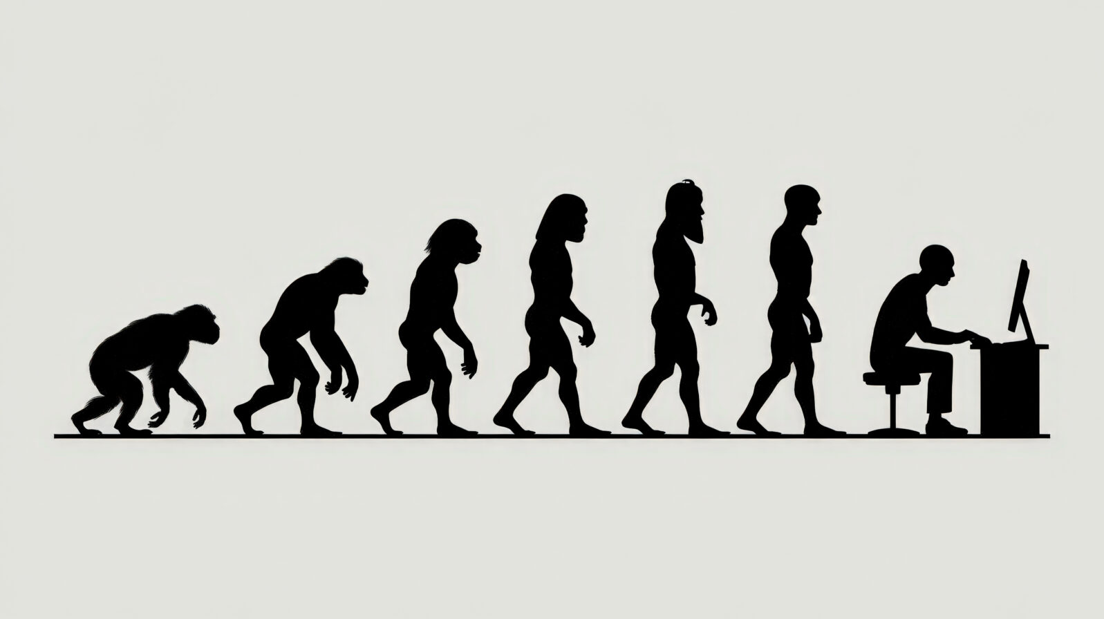 Evolution of man from ape to computer user in a humorous illustration