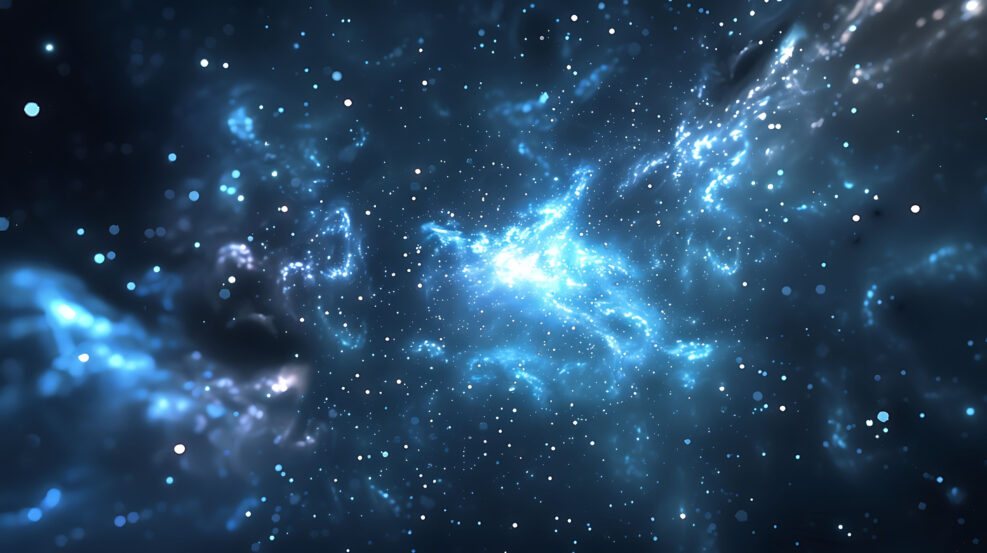Glowing blue and white nebula with stars in deep space.
