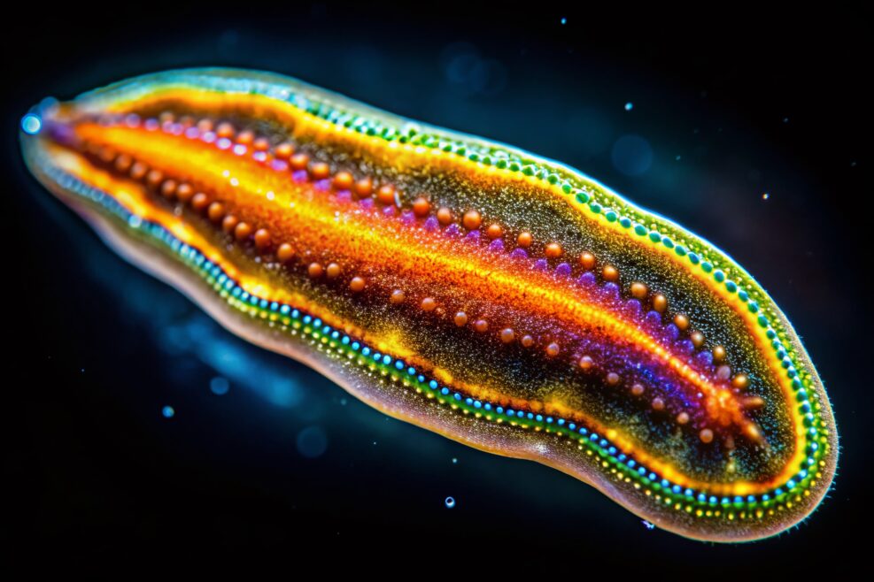 Microscopic Flatworm in Low Light, Detailed Platyhelminthes Anatomy