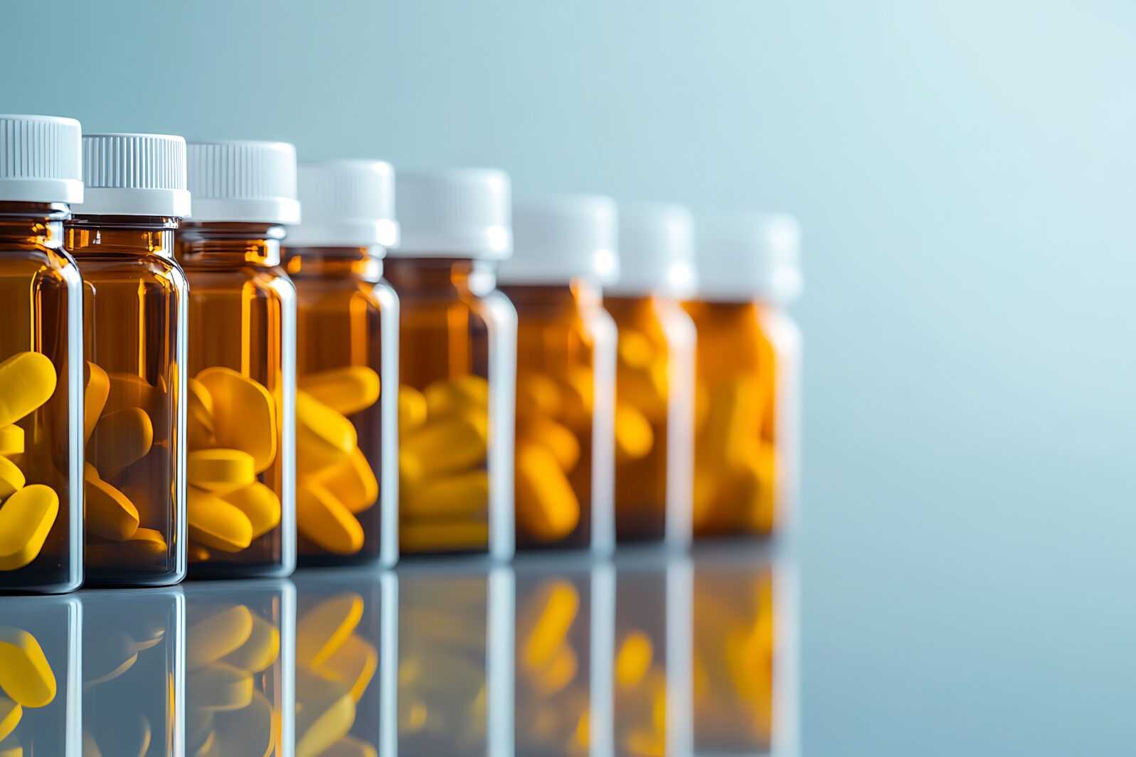 Multiple brown medicine bottles filled with yellow pills are arranged in a row on a reflective surface, creating a visually appealing composition