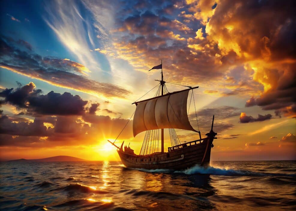 Silhouette of Ancient Greek Galley Ship at Sunset, Majestic Ocean Scene