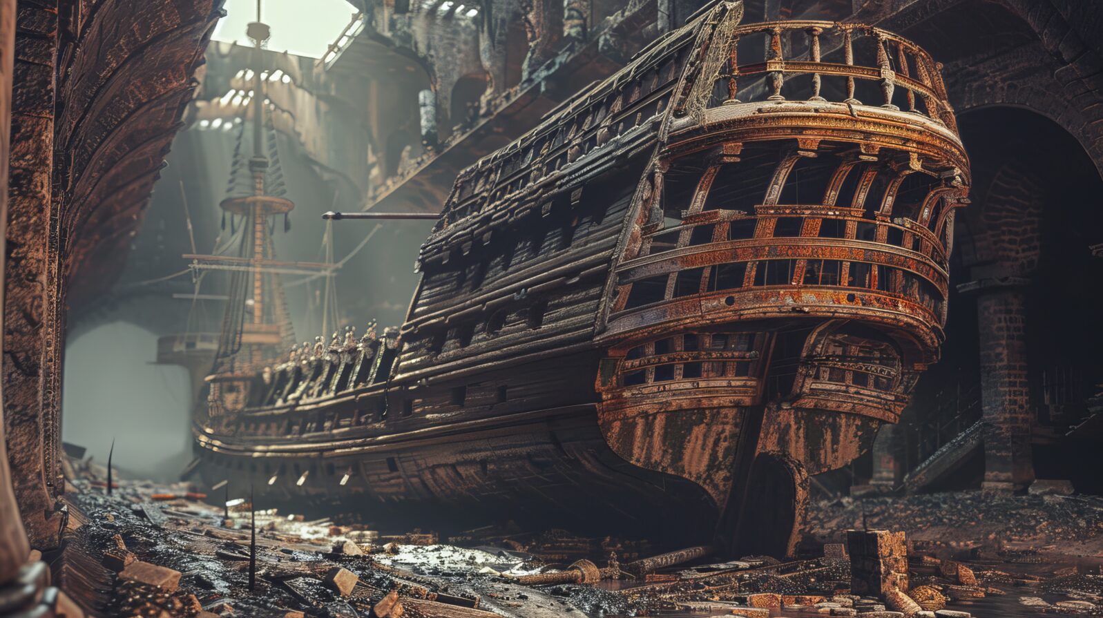 the symbolic ship of thesus , wooden big ship ,old ancient ship with a repairing module and parts etc in a big ancient royal sunroofed hall
