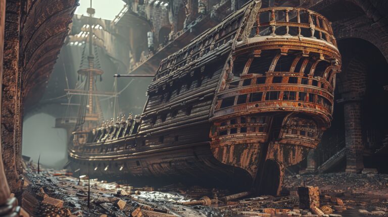 the symbolic ship of thesus , wooden big ship ,old ancient ship with a repairing module and parts etc in a big ancient royal sunroofed hall
