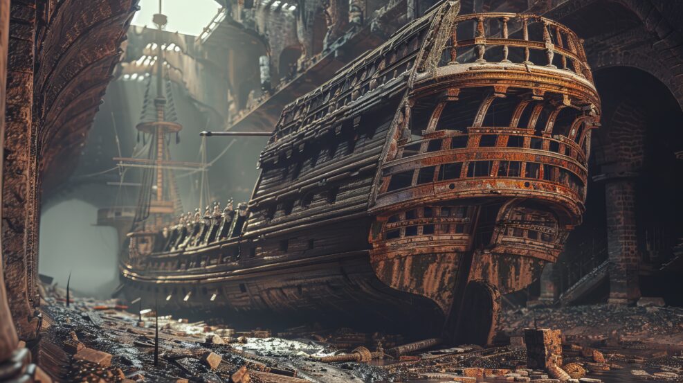 the symbolic ship of thesus , wooden big ship ,old ancient ship with a repairing module and parts etc in a big ancient royal sunroofed hall