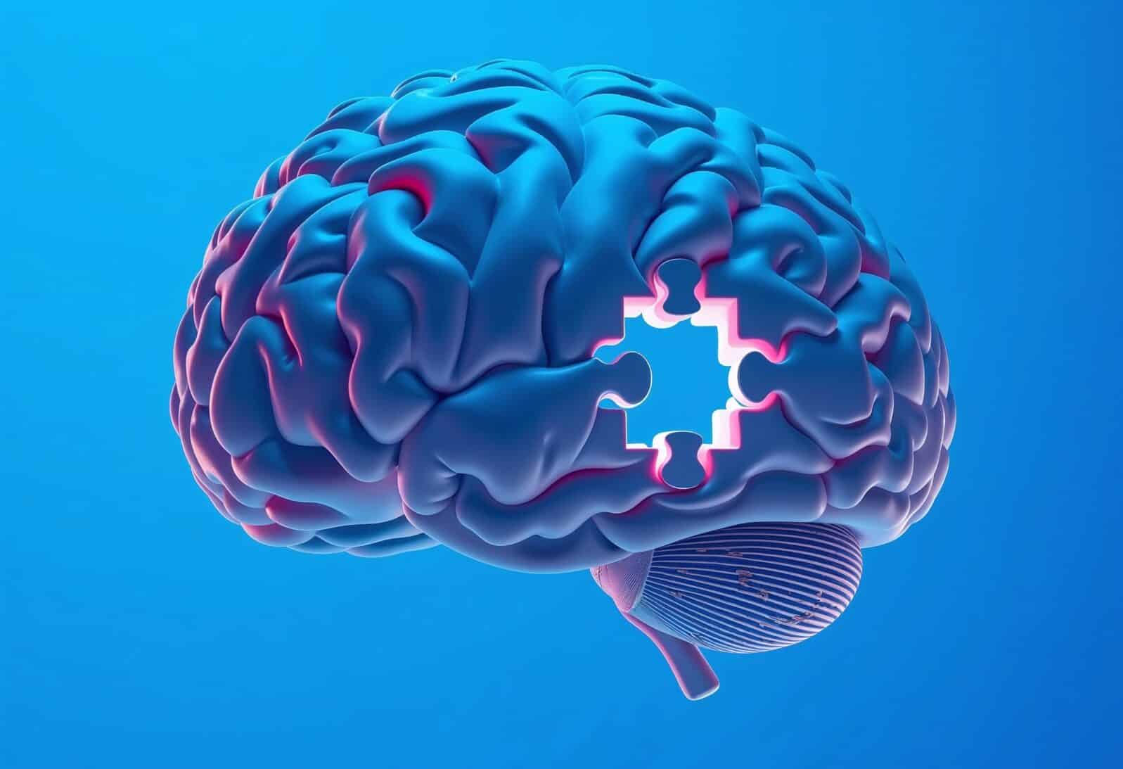 A 3D rendering of a human brain with a missing puzzle piece, symbolizing mental health, memory loss, or a search for solutions.