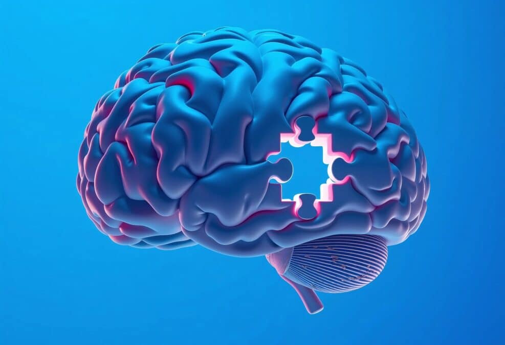 A 3D rendering of a human brain with a missing puzzle piece, symbolizing mental health, memory loss, or a search for solutions.