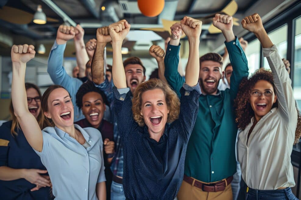 A business team with raised fists celebrating a milestone, highlighting workplace enthusiasm and achievement