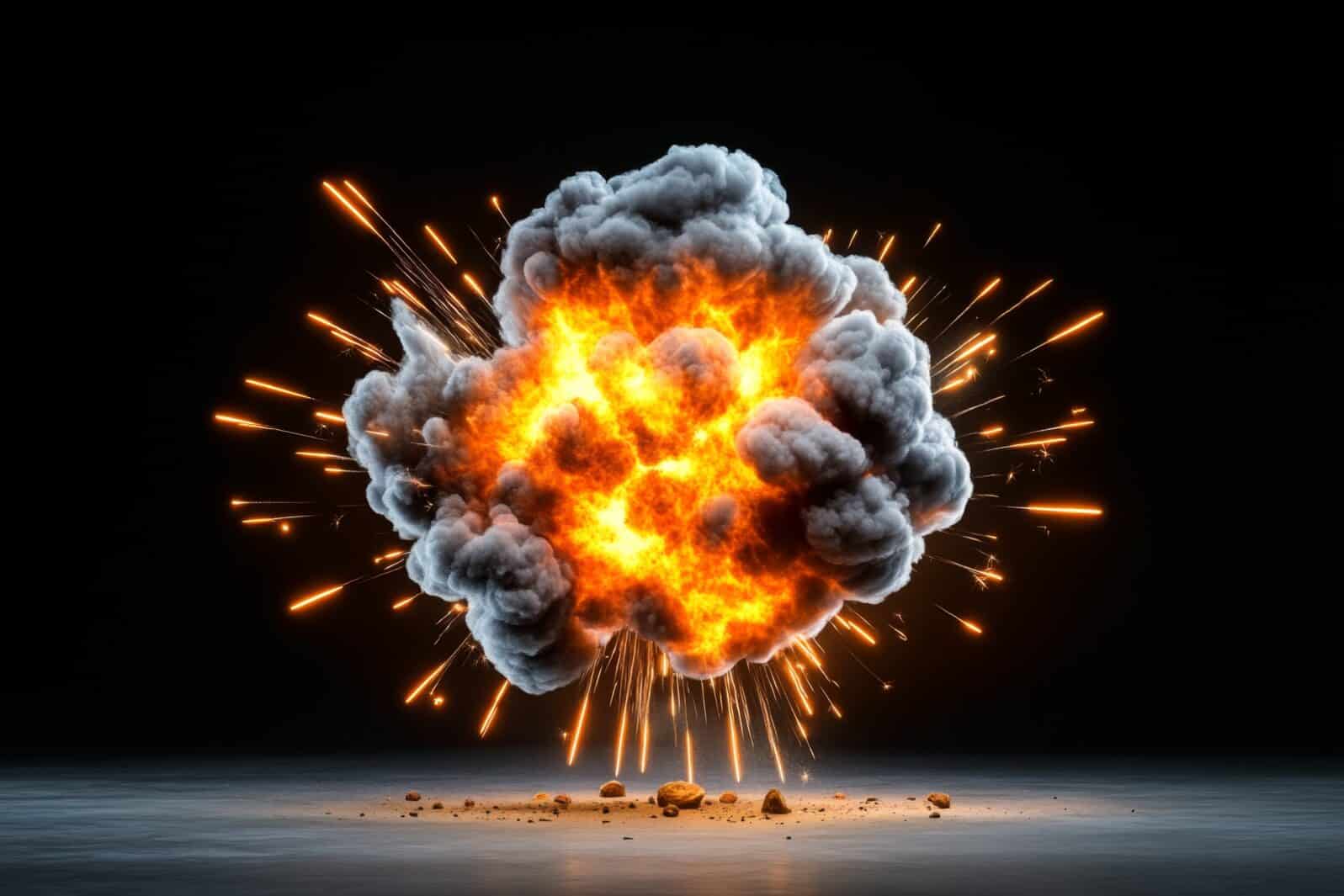 A hyper-realistic depiction of a small explosion caused by fireworks, capturing every spark and color detail in slow motion