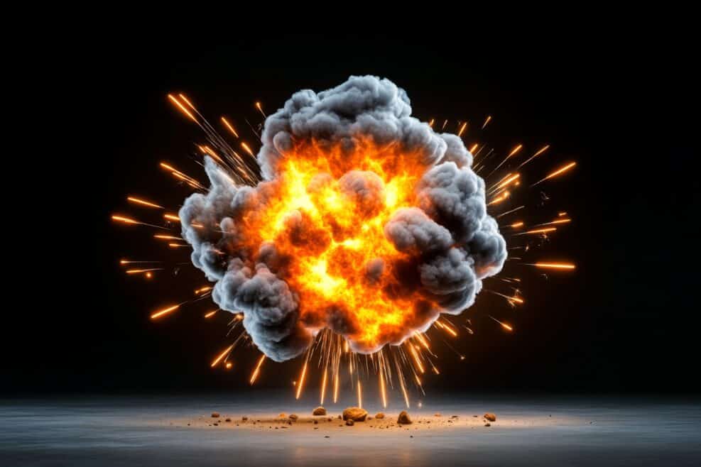 A hyper-realistic depiction of a small explosion caused by fireworks, capturing every spark and color detail in slow motion