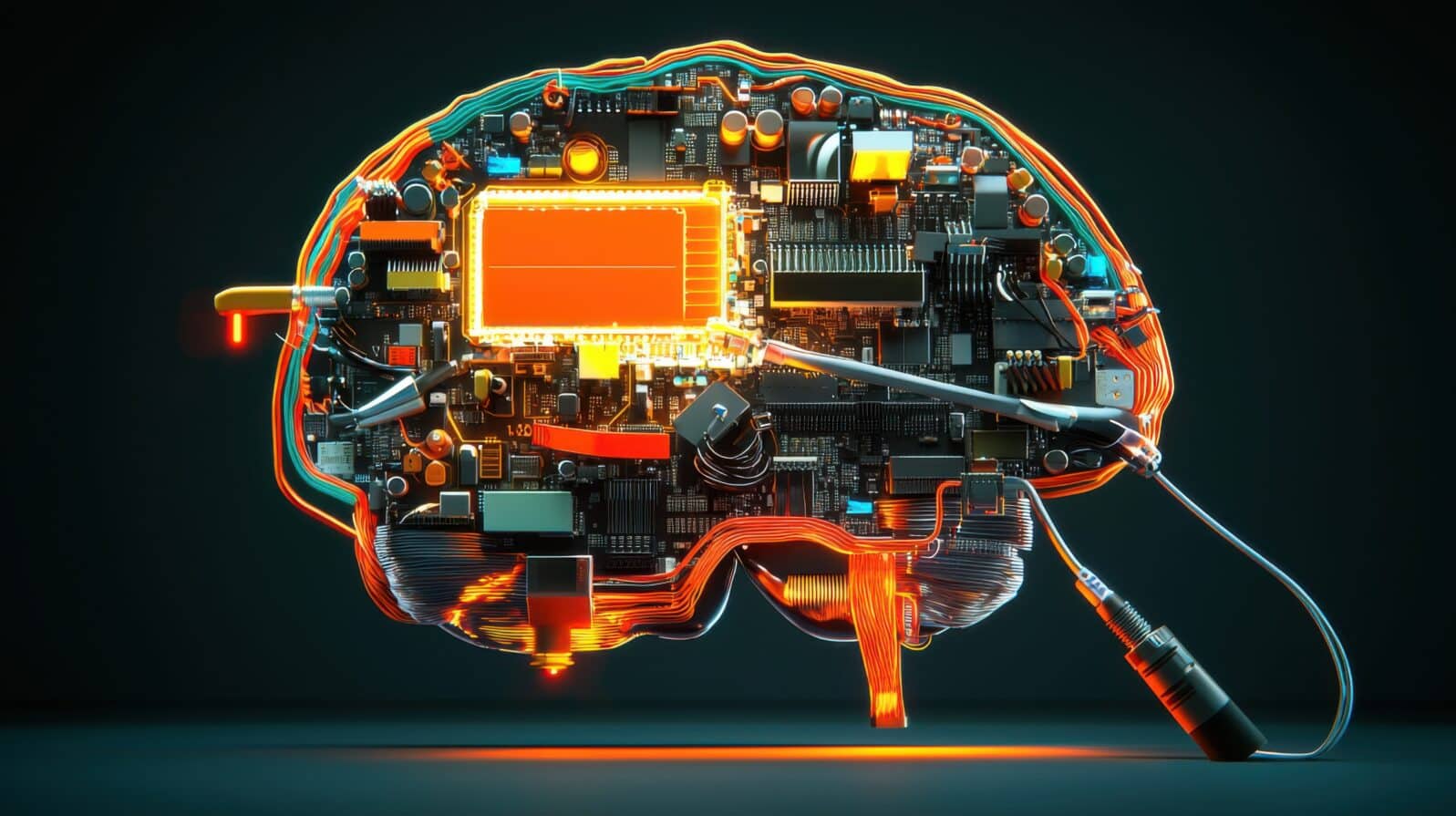 A realistic depiction of a human brain composed entirely of computer hardware, including cables, transistors, and cooling fans. The brain is set against a dark, moody background with a highly