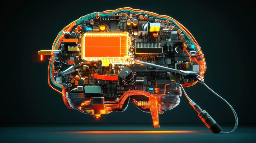 A realistic depiction of a human brain composed entirely of computer hardware, including cables, transistors, and cooling fans. The brain is set against a dark, moody background with a highly