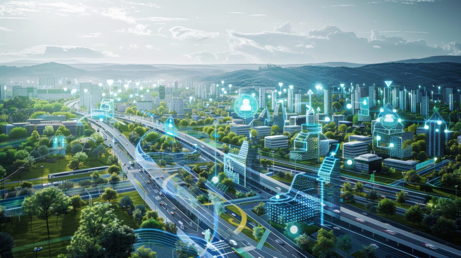 Blueprint of a futuristic smart city with interconnected buildings and sustainable energy systems