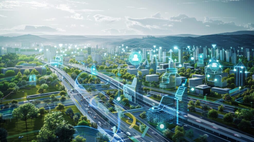 Blueprint of a futuristic smart city with interconnected buildings and sustainable energy systems