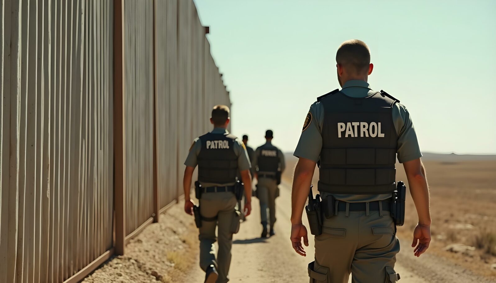 Border patrol officers walking along a corrugated wall border