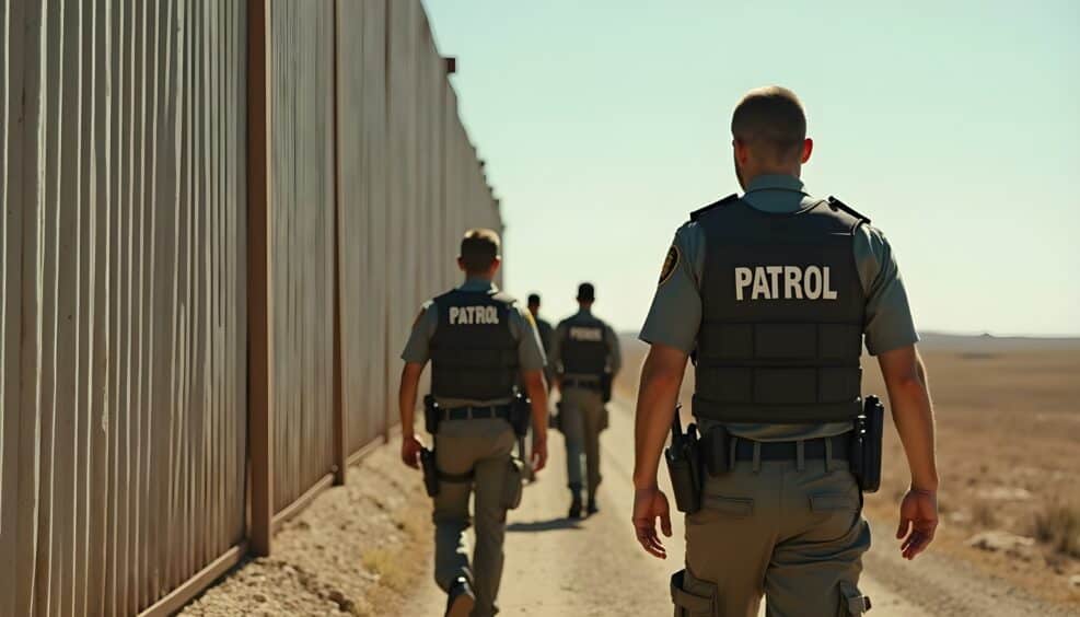 Border patrol officers walking along a corrugated wall border