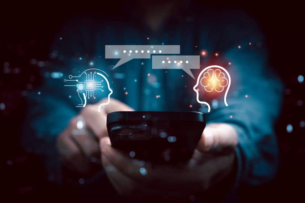 Businessman using smartphone to chatting by use chat Bot program for Artificial intelligence or AI technology concept.