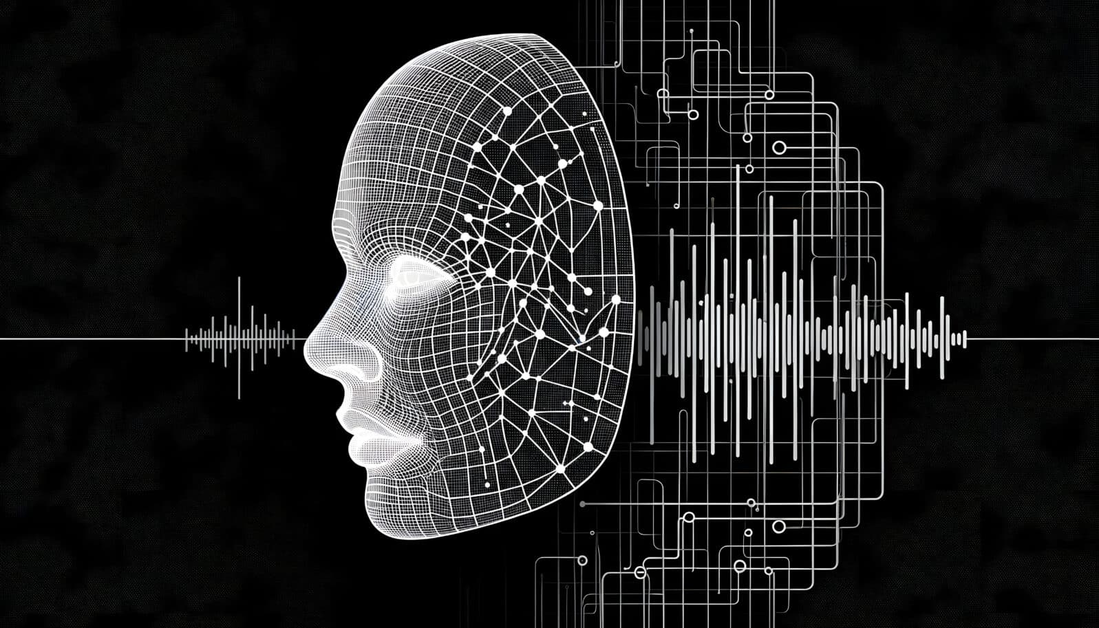 Deepfake illustration background. AI machine learning generated fake pictures. Human image and audio speech synthesis.