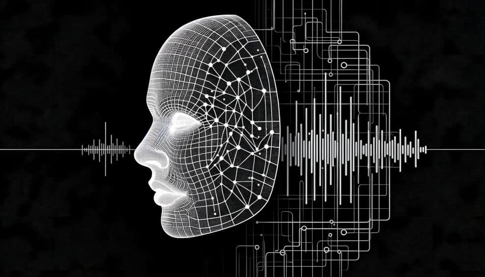 Deepfake illustration background. AI machine learning generated fake pictures. Human image and audio speech synthesis.
