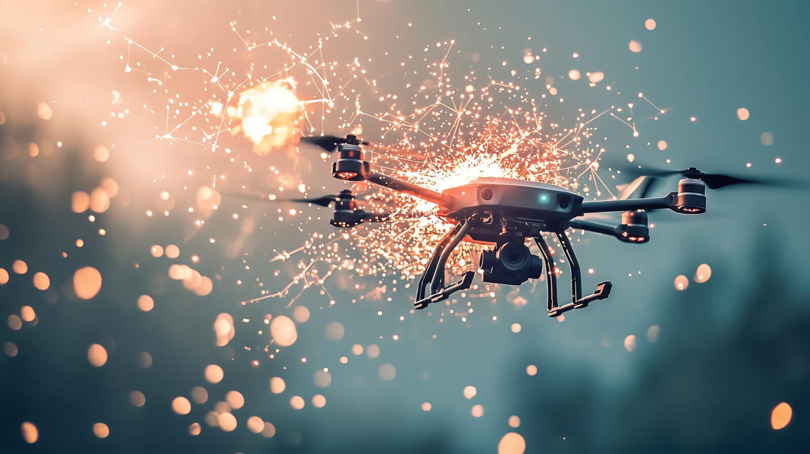 Futuristic drone exploding in midair with sparks and digital connections representing cybersecurity attack autonomous aerial technology military surveillance and electronic warfare