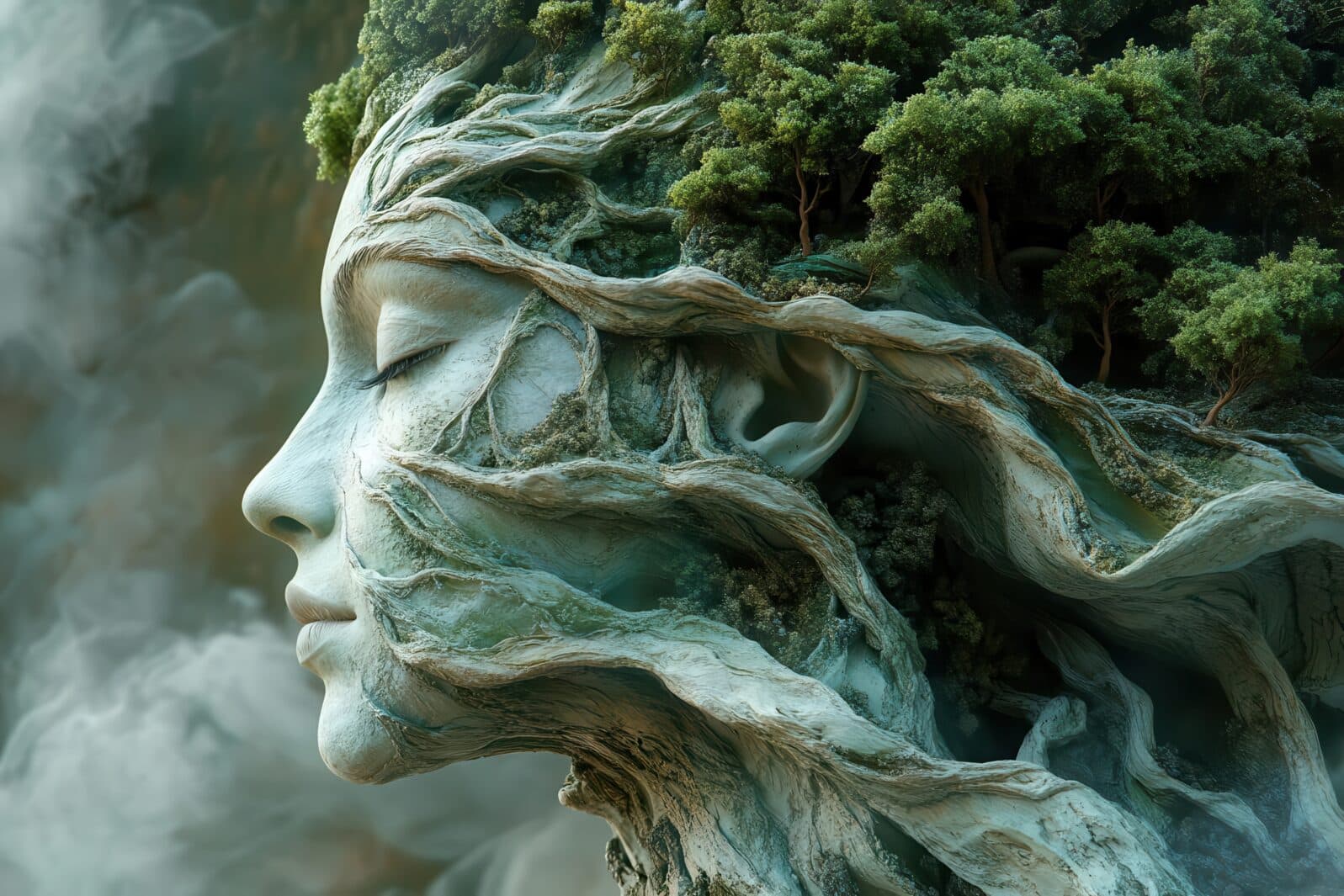 hyperrealistic digital sculpture of gaia as a living mountain range with rivers for veins and forests for hair emerging from a swirling cosmic mist