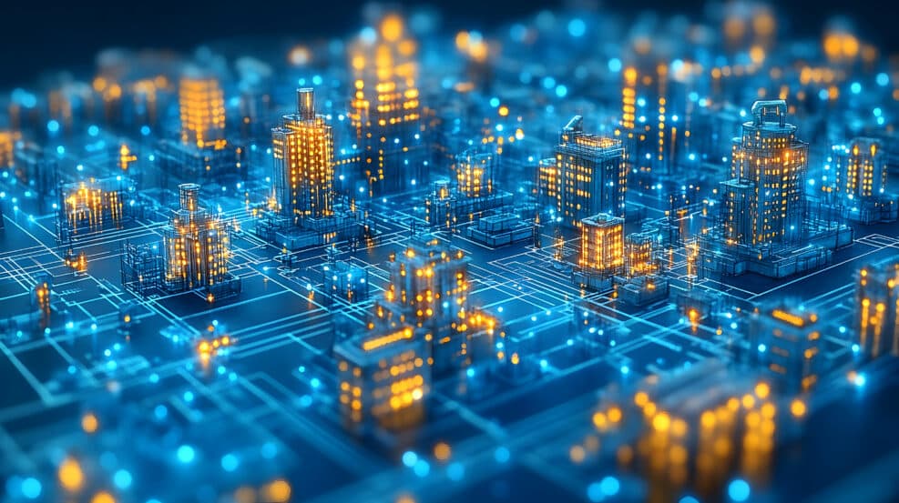 Illuminated cityscape on digital network, futuristic scene