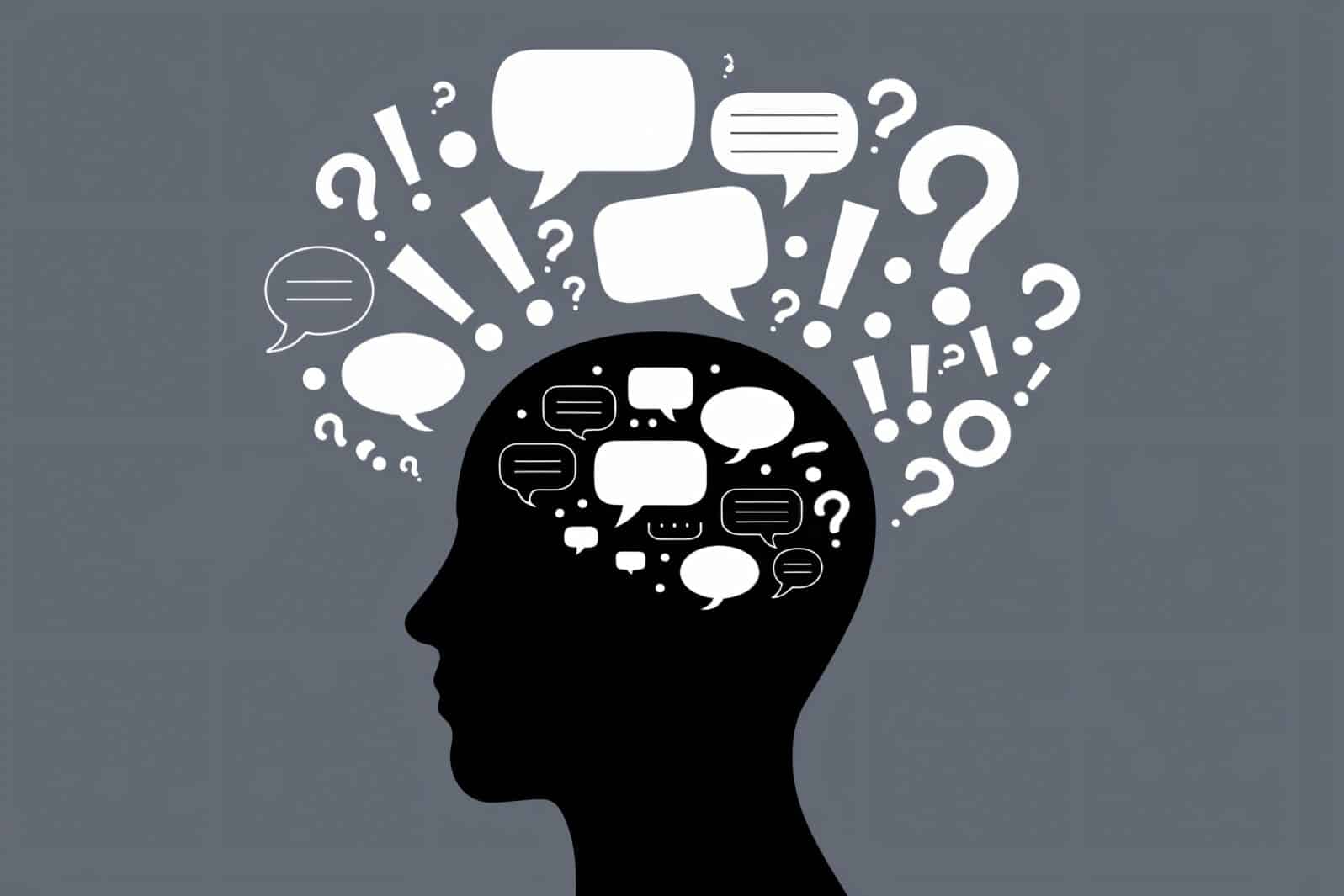 illustration showing a silhouette of a human head surrounded by expressive thought bubbles with various symbols and punctuation marks representing diverse mental processes.