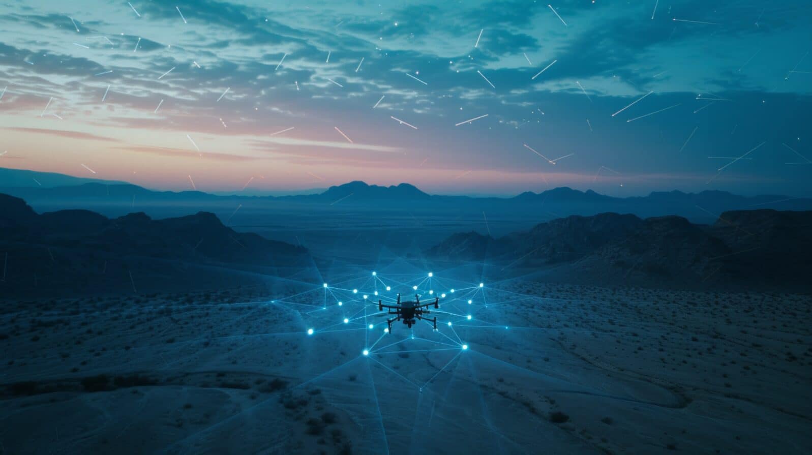 In the twilight desert, a network distribution in blue hues unfolds with a military unmanned drone concept, showcasing AI video streaming from above. AI generative