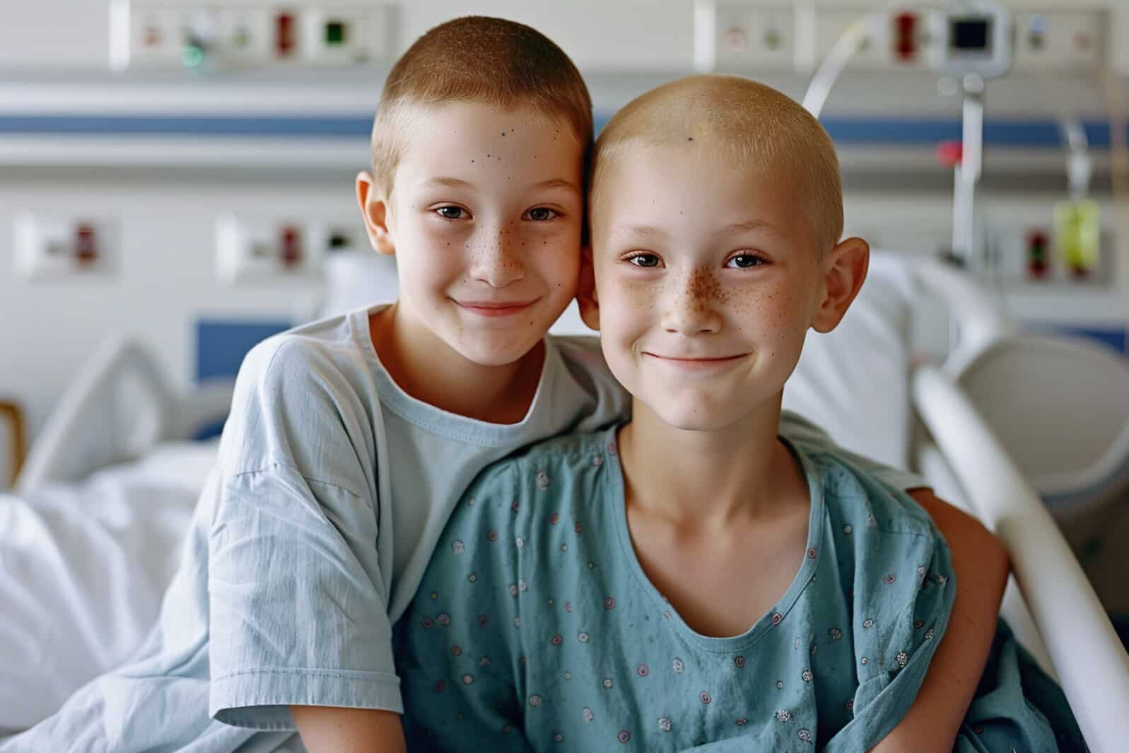 little bald girl after chemotherapy session with her caring and supportive brother in a hospital room, supporting family, hope and recovery from cancer