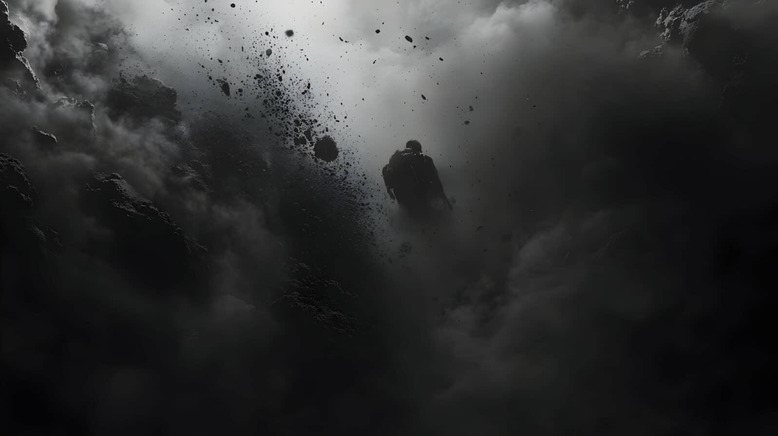 Lone figure falls through dark clouds, asteroids