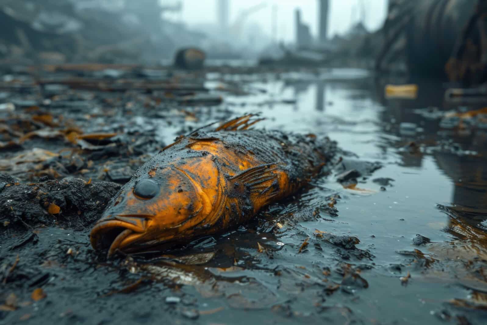 Polluted water with dead fish in contaminated environment