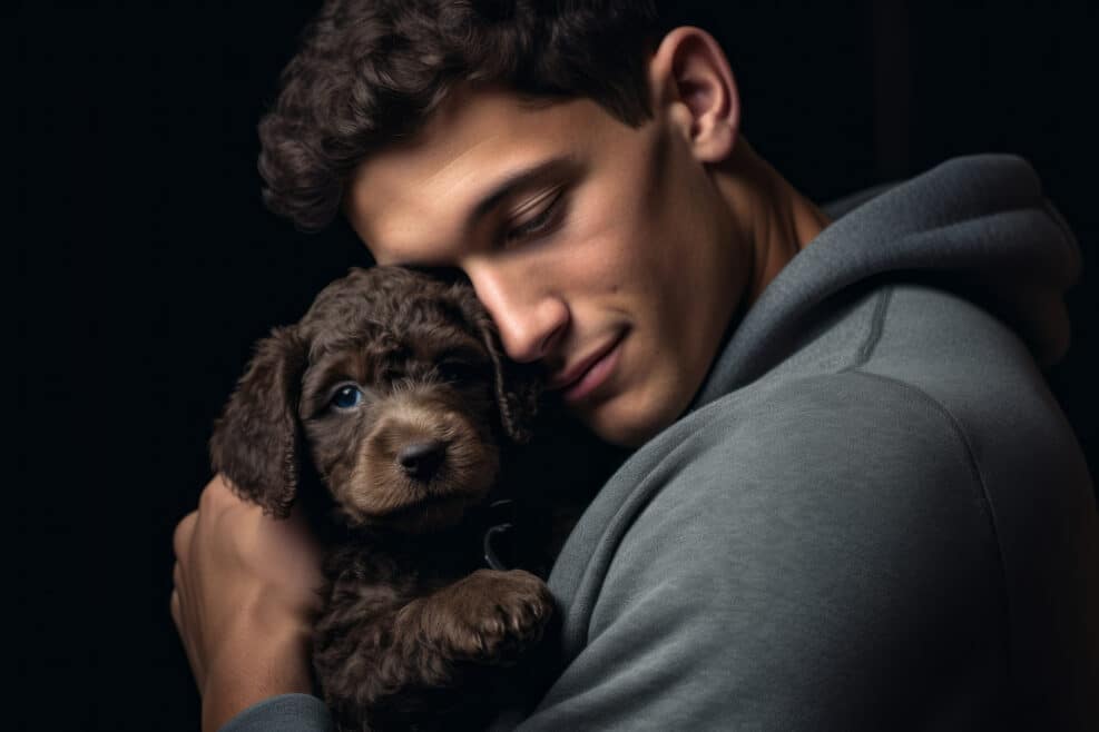 Portrait of young man embracing his small dog. Small puppy terrier with owner, spending time together. Pet adoption, mental health, cute moments, friendship with animals