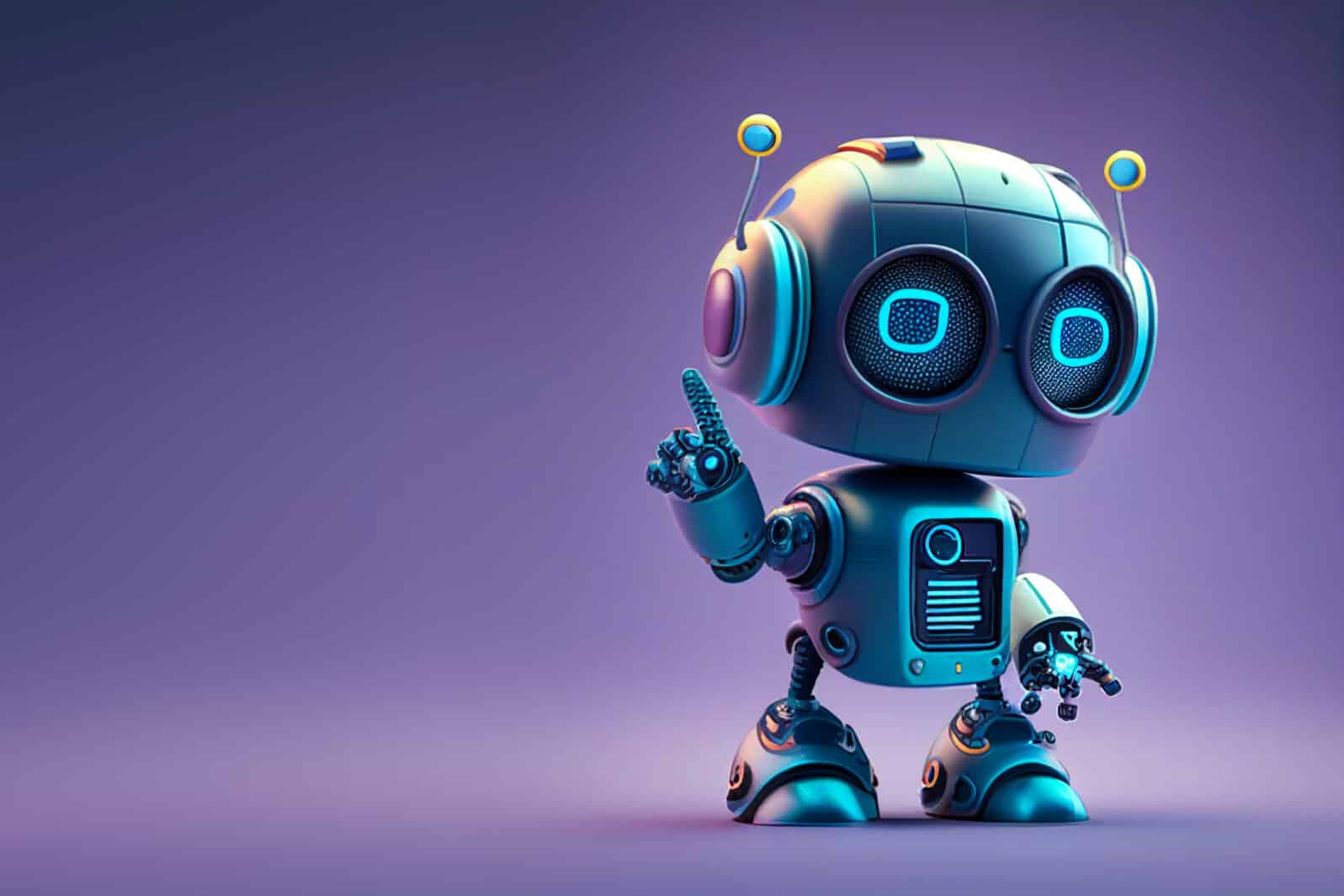 Positive cute robot pointing at a space. Copy space, ai generated