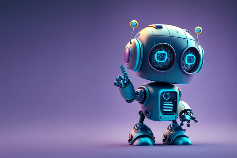 Positive cute robot pointing at a space. Copy space, ai generated