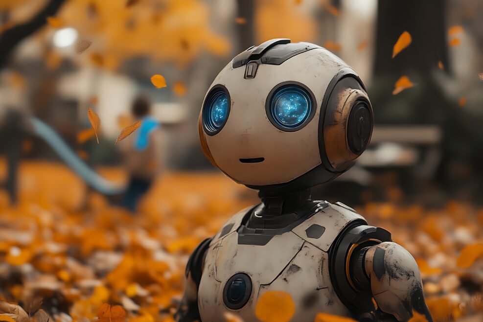 Robot child in autumn leaves.