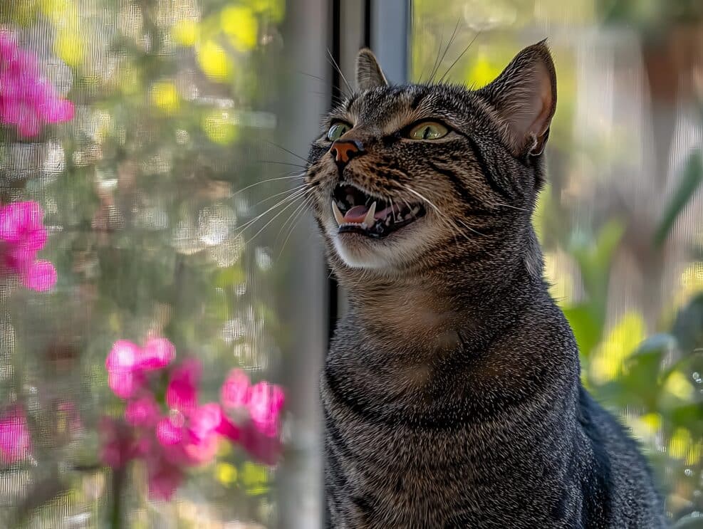 Tabby cat yowling by window, garden view